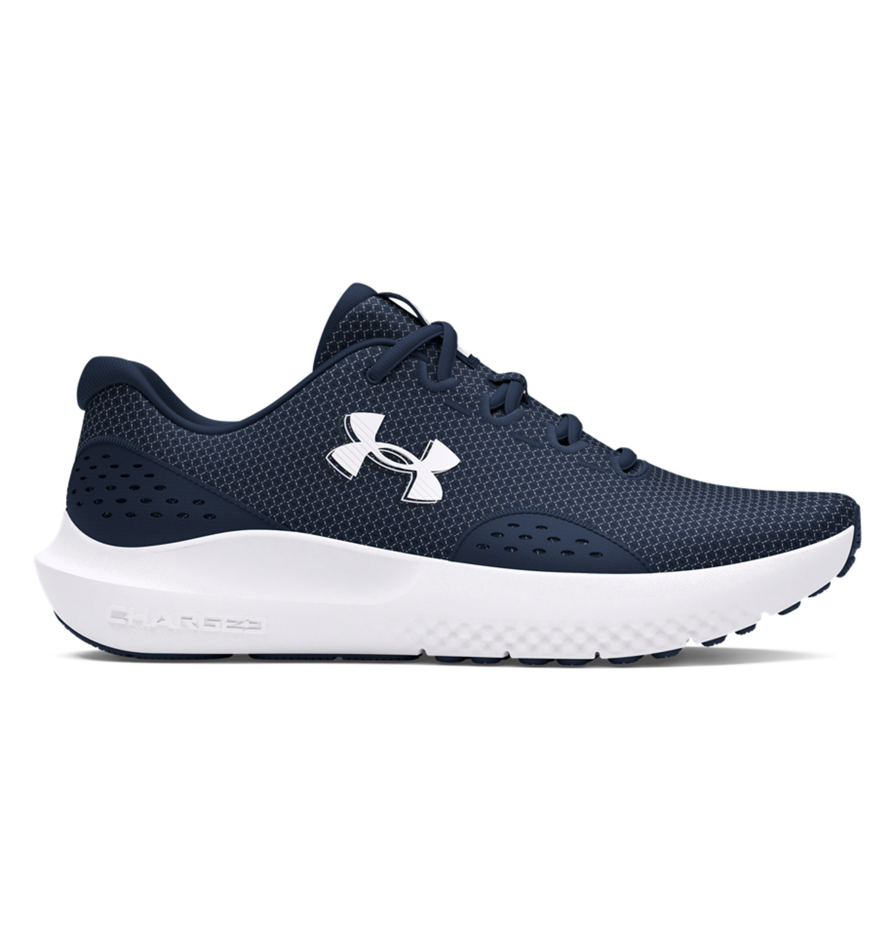 Under Armour UA Surge 4 Running Shoes in navy blue, featuring breathable mesh upper and cushioned sole for comfort and support.